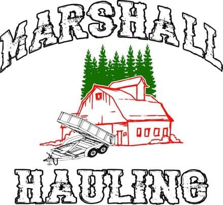Marshall Hauling logo — red barn and dump trailer among pines